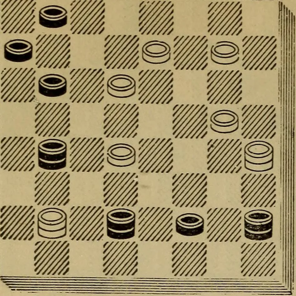 An illustration from Draughts : Gould's problems, critical positions and games by all the greatest players and composers of the world, the whole interspersed with notes on the positions / by Joseph Gould, 1895, leaf 157