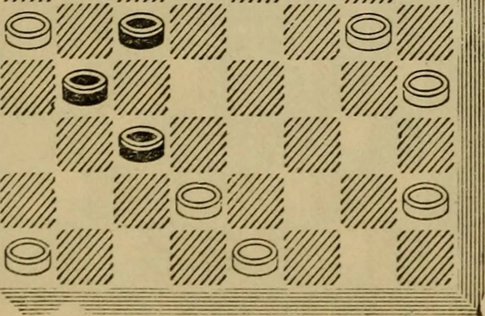 An illustration from Draughts : Gould's problems, critical positions and games by all the greatest players and composers of the world, the whole interspersed with notes on the positions / by Joseph Gould, 1895, leaf 157