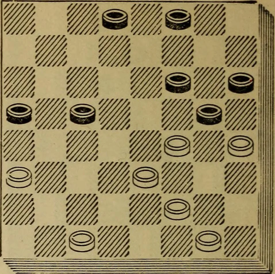 An illustration from Draughts : Gould's problems, critical positions and games by all the greatest players and composers of the world, the whole interspersed with notes on the positions / by Joseph Gould, 1895, leaf 157