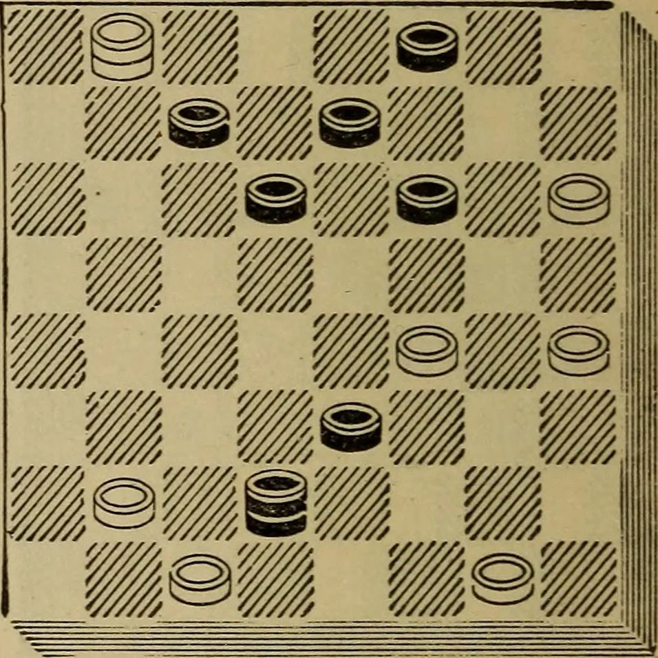 An illustration from Draughts : Gould's problems, critical positions and games by all the greatest players and composers of the world, the whole interspersed with notes on the positions / by Joseph Gould, 1895, leaf 157