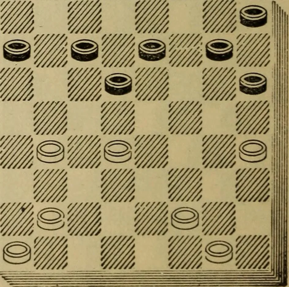 An illustration from Draughts : Gould's problems, critical positions and games by all the greatest players and composers of the world, the whole interspersed with notes on the positions / by Joseph Gould, 1895, leaf 157