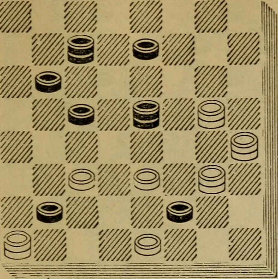 An illustration from Draughts : Gould's problems, critical positions and games by all the greatest players and composers of the world, the whole interspersed with notes on the positions / by Joseph Gould, 1895, leaf 158