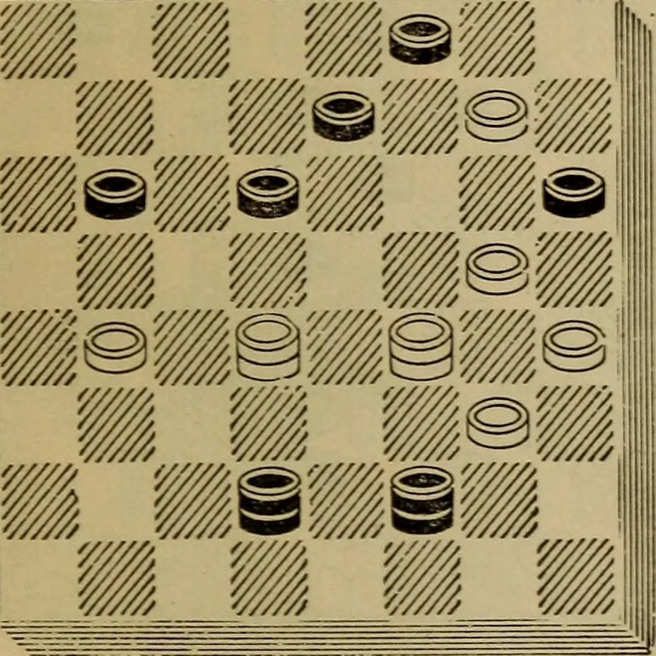 An illustration from Draughts : Gould's problems, critical positions and games by all the greatest players and composers of the world, the whole interspersed with notes on the positions / by Joseph Gould, 1895, leaf 158