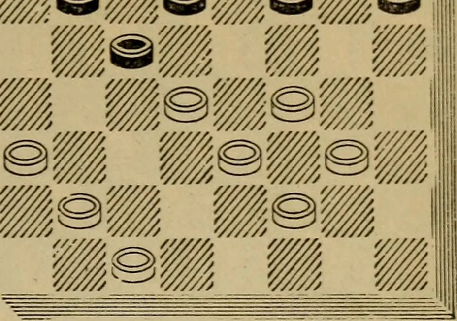 An illustration from Draughts : Gould's problems, critical positions and games by all the greatest players and composers of the world, the whole interspersed with notes on the positions / by Joseph Gould, 1895, leaf 158