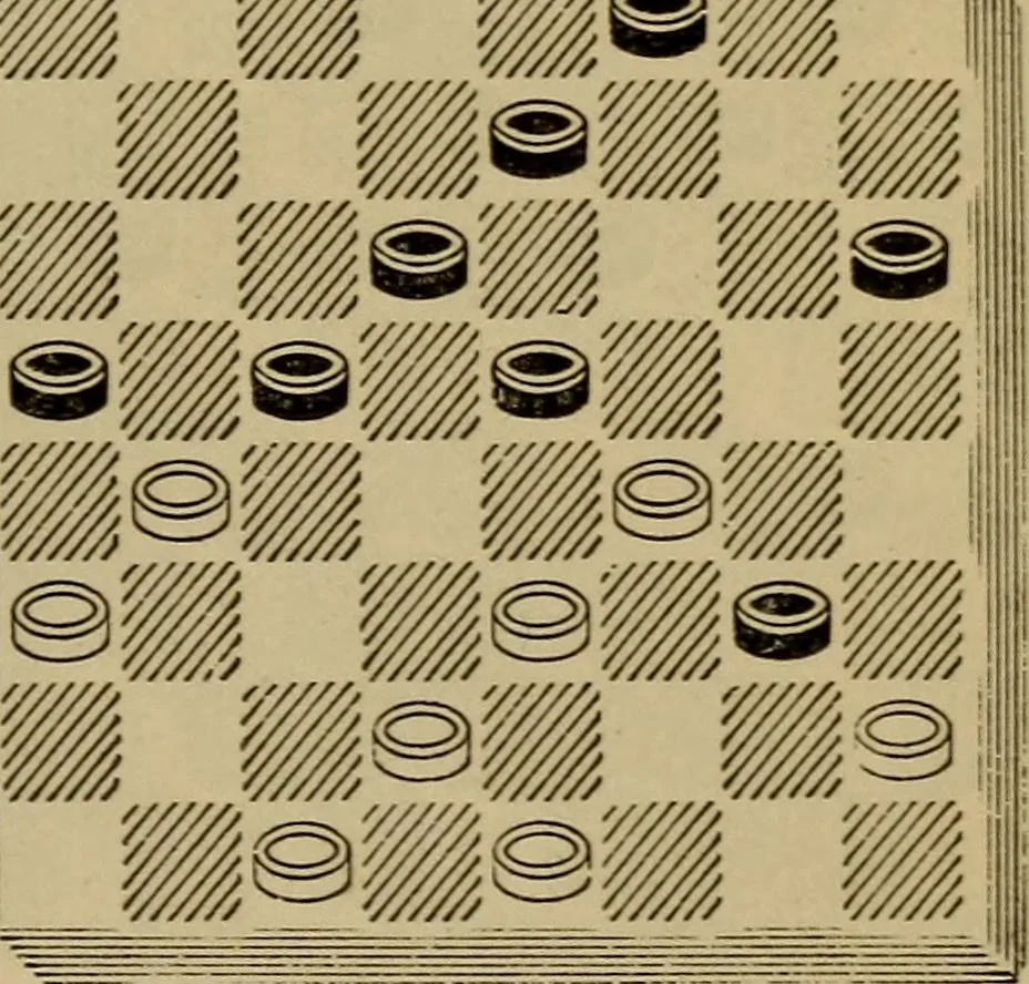 An illustration from Draughts : Gould's problems, critical positions and games by all the greatest players and composers of the world, the whole interspersed with notes on the positions / by Joseph Gould, 1895, leaf 158