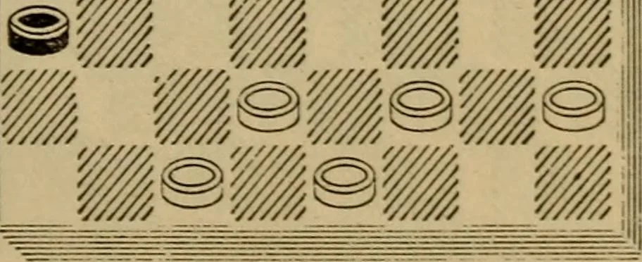 An illustration from Draughts : Gould's problems, critical positions and games by all the greatest players and composers of the world, the whole interspersed with notes on the positions / by Joseph Gould, 1895, leaf 158