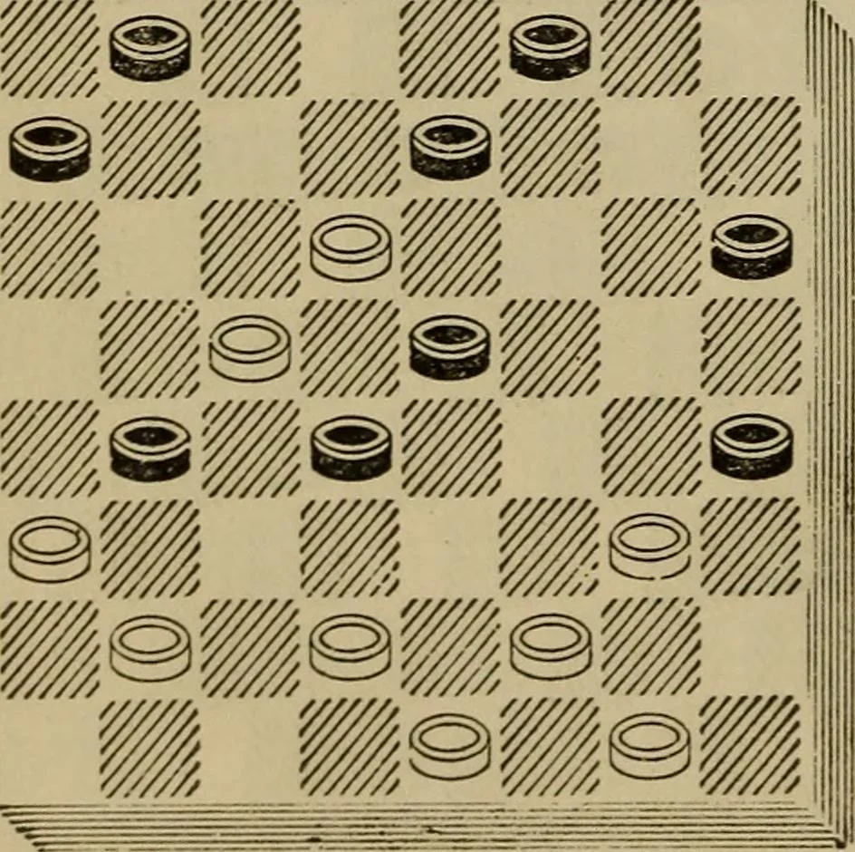 An illustration from Draughts : Gould's problems, critical positions and games by all the greatest players and composers of the world, the whole interspersed with notes on the positions / by Joseph Gould, 1895, leaf 159