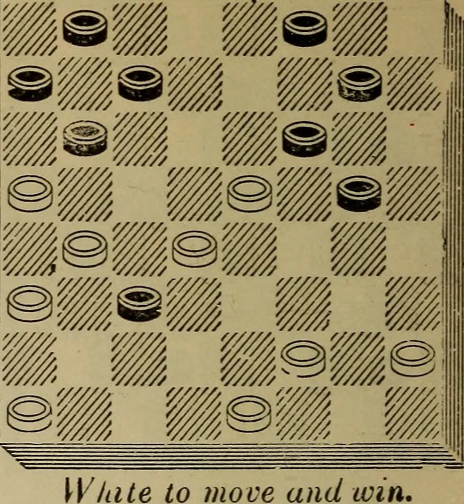 An illustration from Draughts : Gould's problems, critical positions and games by all the greatest players and composers of the world, the whole interspersed with notes on the positions / by Joseph Gould, 1895, leaf 159