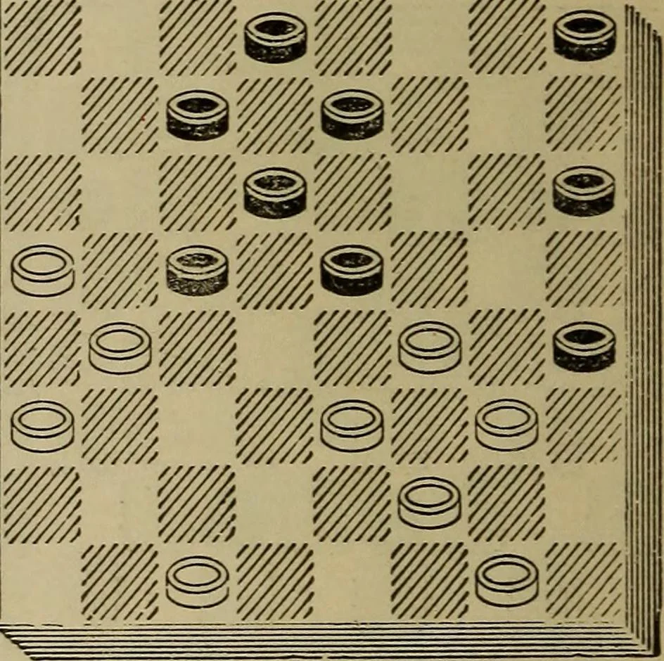 An illustration from Draughts : Gould's problems, critical positions and games by all the greatest players and composers of the world, the whole interspersed with notes on the positions / by Joseph Gould, 1895, leaf 159