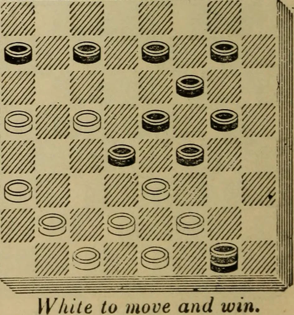 An illustration from Draughts : Gould's problems, critical positions and games by all the greatest players and composers of the world, the whole interspersed with notes on the positions / by Joseph Gould, 1895, leaf 159