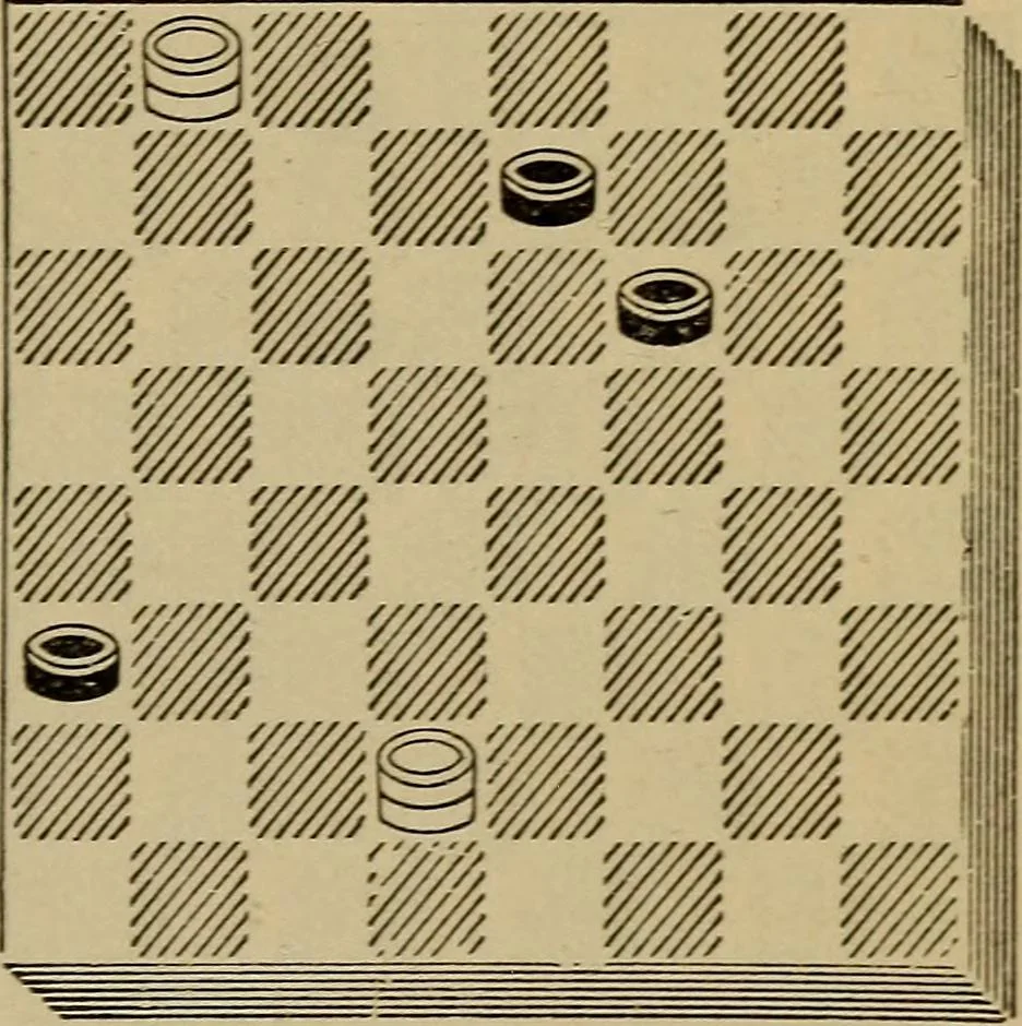 An illustration from Draughts : Gould's problems, critical positions and games by all the greatest players and composers of the world, the whole interspersed with notes on the positions / by Joseph Gould, 1895, leaf 162