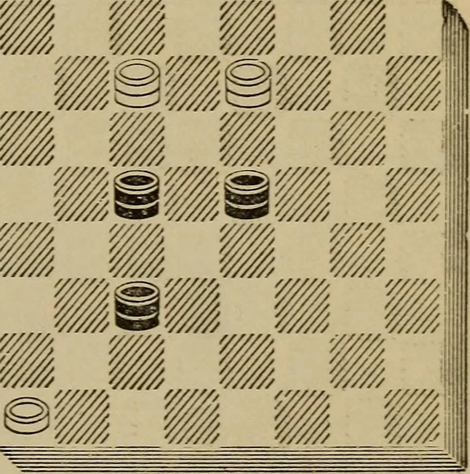 An illustration from Draughts : Gould's problems, critical positions and games by all the greatest players and composers of the world, the whole interspersed with notes on the positions / by Joseph Gould, 1895, leaf 164