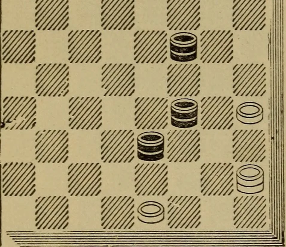 An illustration from Draughts : Gould's problems, critical positions and games by all the greatest players and composers of the world, the whole interspersed with notes on the positions / by Joseph Gould, 1895, leaf 165