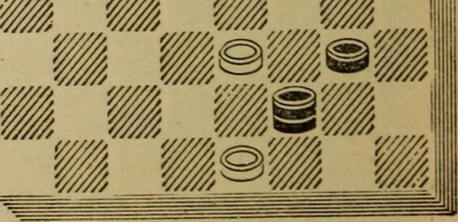 An illustration from Draughts : Gould's problems, critical positions and games by all the greatest players and composers of the world, the whole interspersed with notes on the positions / by Joseph Gould, 1895, leaf 165