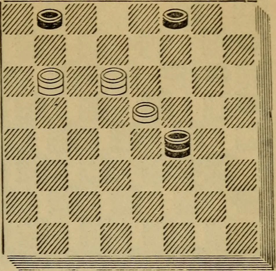 An illustration from Draughts : Gould's problems, critical positions and games by all the greatest players and composers of the world, the whole interspersed with notes on the positions / by Joseph Gould, 1895, leaf 166