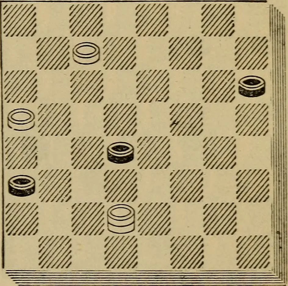 An illustration from Draughts : Gould's problems, critical positions and games by all the greatest players and composers of the world, the whole interspersed with notes on the positions / by Joseph Gould, 1895, leaf 166