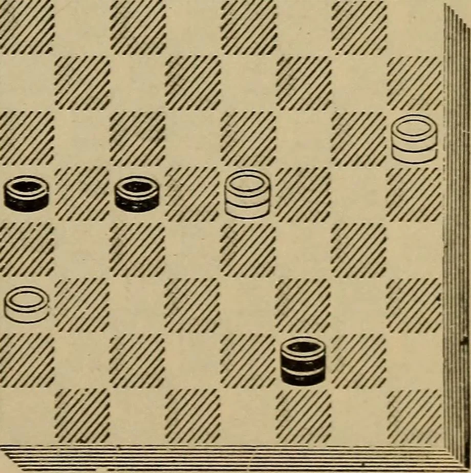 An illustration from Draughts : Gould's problems, critical positions and games by all the greatest players and composers of the world, the whole interspersed with notes on the positions / by Joseph Gould, 1895, leaf 168