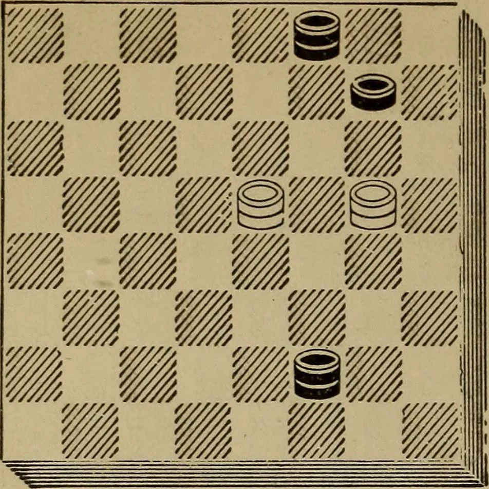 An illustration from Draughts : Gould's problems, critical positions and games by all the greatest players and composers of the world, the whole interspersed with notes on the positions / by Joseph Gould, 1895, leaf 17