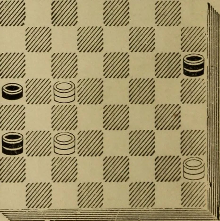An illustration from Draughts : Gould's problems, critical positions and games by all the greatest players and composers of the world, the whole interspersed with notes on the positions / by Joseph Gould, 1895, leaf 17