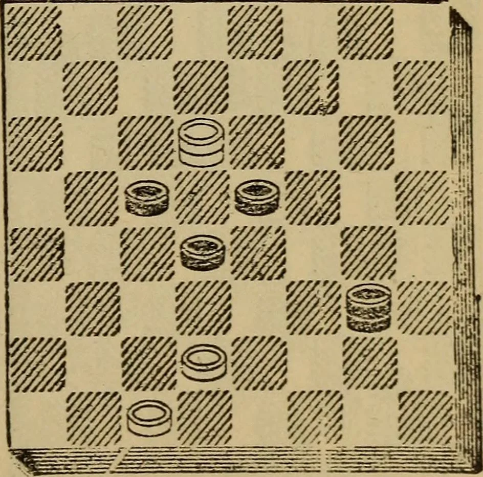 An illustration from Draughts : Gould's problems, critical positions and games by all the greatest players and composers of the world, the whole interspersed with notes on the positions / by Joseph Gould, 1895, leaf 170