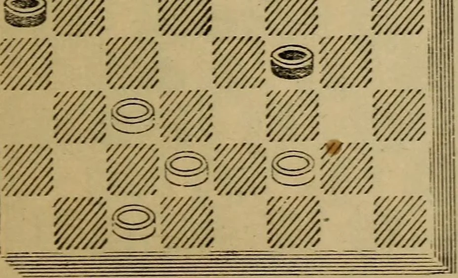 An illustration from Draughts : Gould's problems, critical positions and games by all the greatest players and composers of the world, the whole interspersed with notes on the positions / by Joseph Gould, 1895, leaf 174