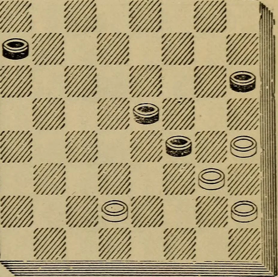 An illustration from Draughts : Gould's problems, critical positions and games by all the greatest players and composers of the world, the whole interspersed with notes on the positions / by Joseph Gould, 1895, leaf 174