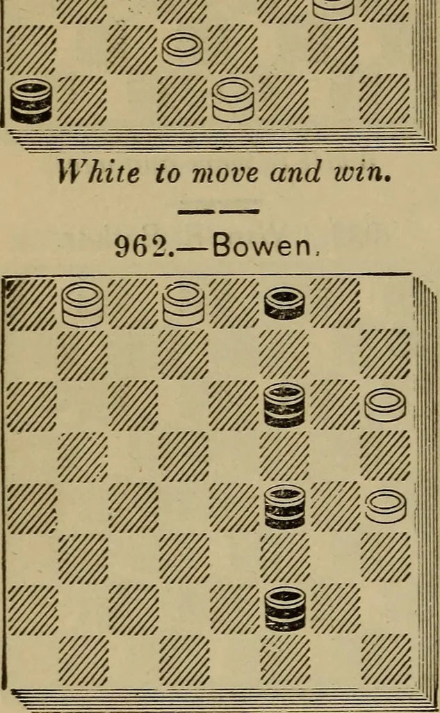 An illustration from Draughts : Gould's problems, critical positions and games by all the greatest players and composers of the world, the whole interspersed with notes on the positions / by Joseph Gould, 1895, leaf 175