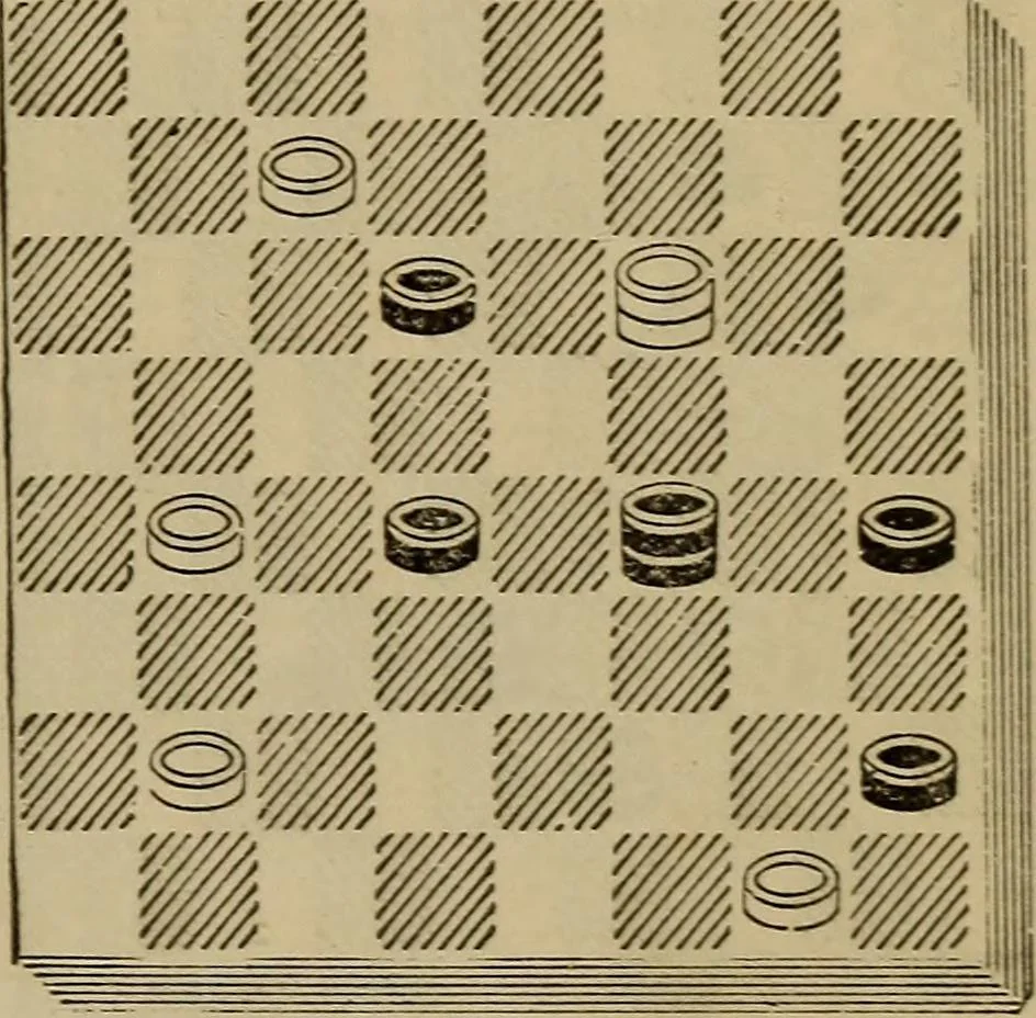 An illustration from Draughts : Gould's problems, critical positions and games by all the greatest players and composers of the world, the whole interspersed with notes on the positions / by Joseph Gould, 1895, leaf 176