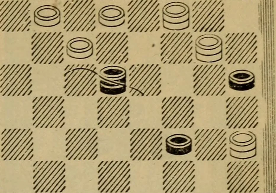 An illustration from Draughts : Gould's problems, critical positions and games by all the greatest players and composers of the world, the whole interspersed with notes on the positions / by Joseph Gould, 1895, leaf 178