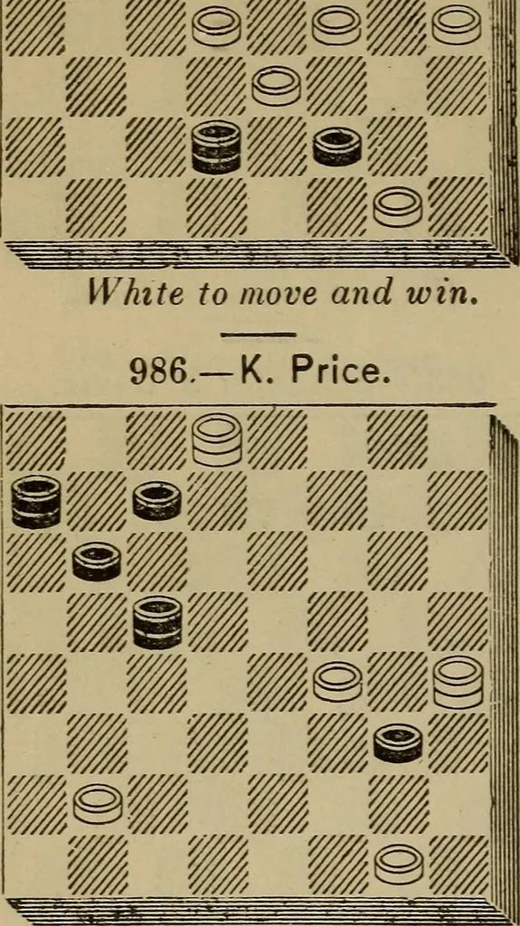 An illustration from Draughts : Gould's problems, critical positions and games by all the greatest players and composers of the world, the whole interspersed with notes on the positions / by Joseph Gould, 1895, leaf 179