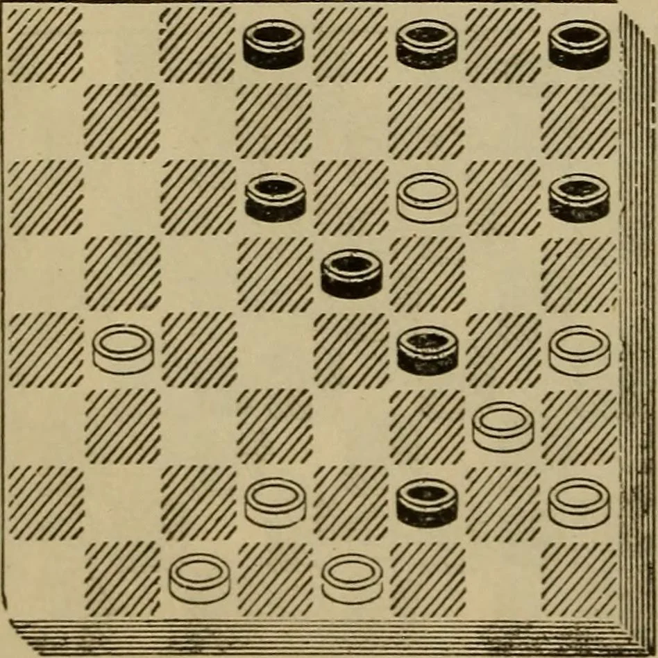 An illustration from Draughts : Gould's problems, critical positions and games by all the greatest players and composers of the world, the whole interspersed with notes on the positions / by Joseph Gould, 1895, leaf 179