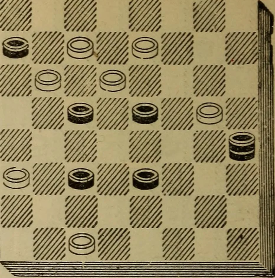 An illustration from Draughts : Gould's problems, critical positions and games by all the greatest players and composers of the world, the whole interspersed with notes on the positions / by Joseph Gould, 1895, leaf 179