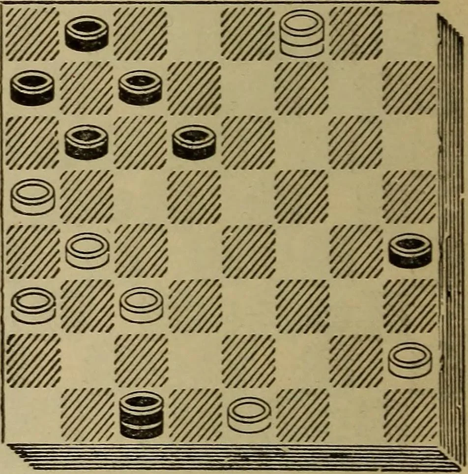 An illustration from Draughts : Gould's problems, critical positions and games by all the greatest players and composers of the world, the whole interspersed with notes on the positions / by Joseph Gould, 1895, leaf 179