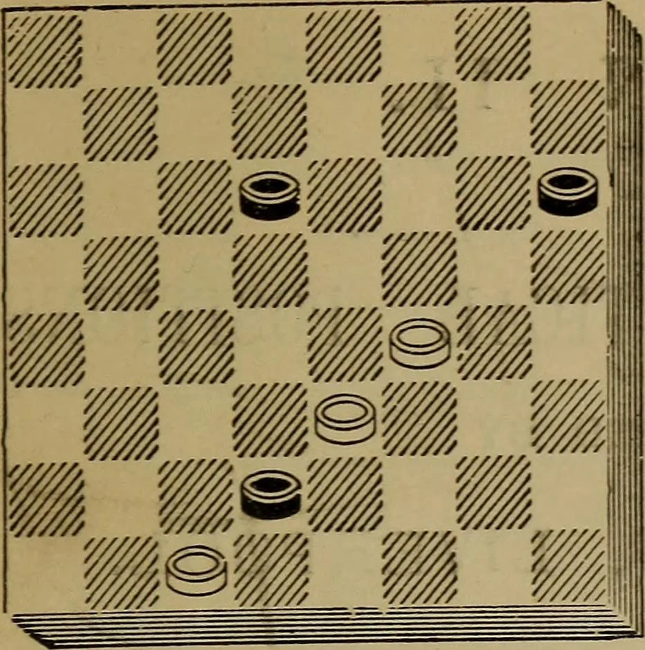 An illustration from Draughts : Gould's problems, critical positions and games by all the greatest players and composers of the world, the whole interspersed with notes on the positions / by Joseph Gould, 1895, leaf 18