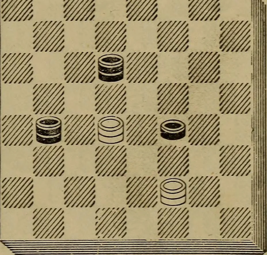 An illustration from Draughts : Gould's problems, critical positions and games by all the greatest players and composers of the world, the whole interspersed with notes on the positions / by Joseph Gould, 1895, leaf 18