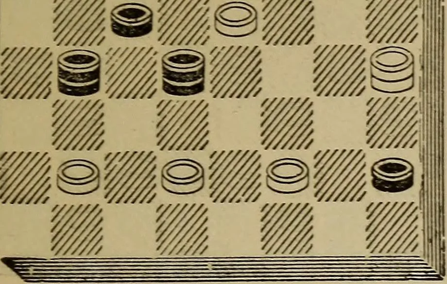 An illustration from Draughts : Gould's problems, critical positions and games by all the greatest players and composers of the world, the whole interspersed with notes on the positions / by Joseph Gould, 1895, leaf 180