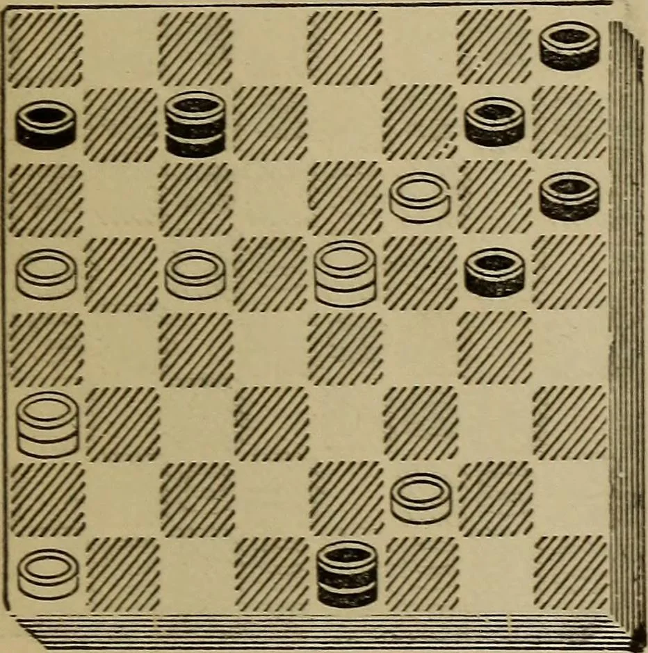 An illustration from Draughts : Gould's problems, critical positions and games by all the greatest players and composers of the world, the whole interspersed with notes on the positions / by Joseph Gould, 1895, leaf 180