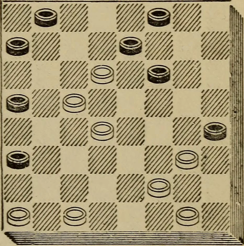 An illustration from Draughts : Gould's problems, critical positions and games by all the greatest players and composers of the world, the whole interspersed with notes on the positions / by Joseph Gould, 1895, leaf 180