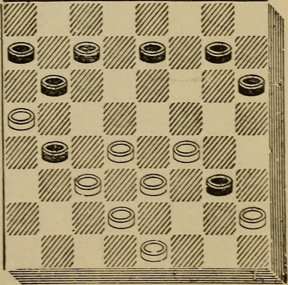 An illustration from Draughts : Gould's problems, critical positions and games by all the greatest players and composers of the world, the whole interspersed with notes on the positions / by Joseph Gould, 1895, leaf 180