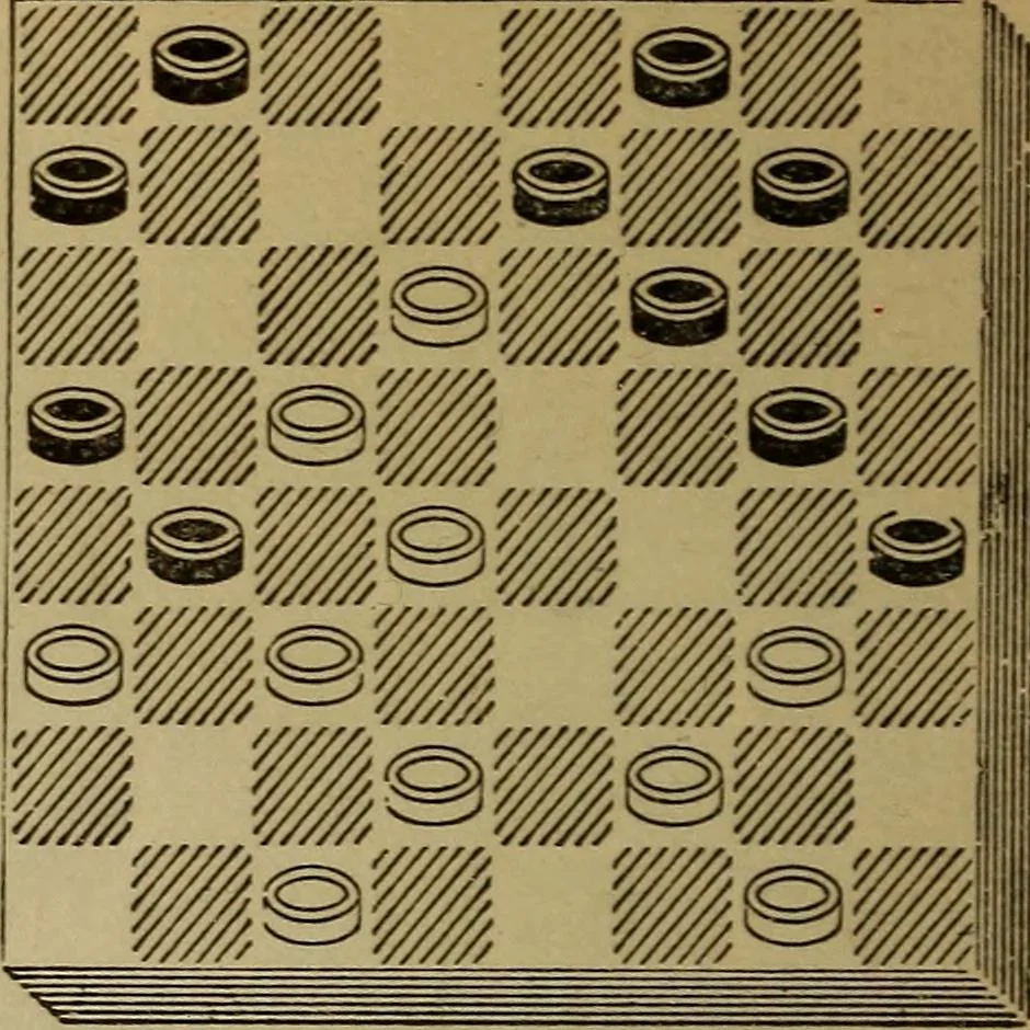 An illustration from Draughts : Gould's problems, critical positions and games by all the greatest players and composers of the world, the whole interspersed with notes on the positions / by Joseph Gould, 1895, leaf 181