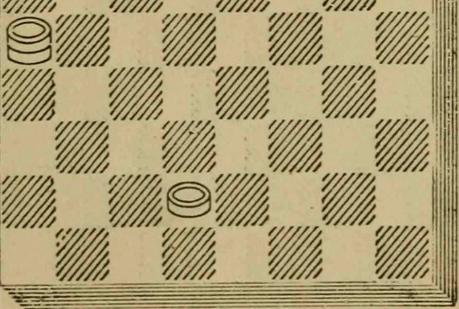 An illustration from Draughts : Gould's problems, critical positions and games by all the greatest players and composers of the world, the whole interspersed with notes on the positions / by Joseph Gould, 1895, leaf 19