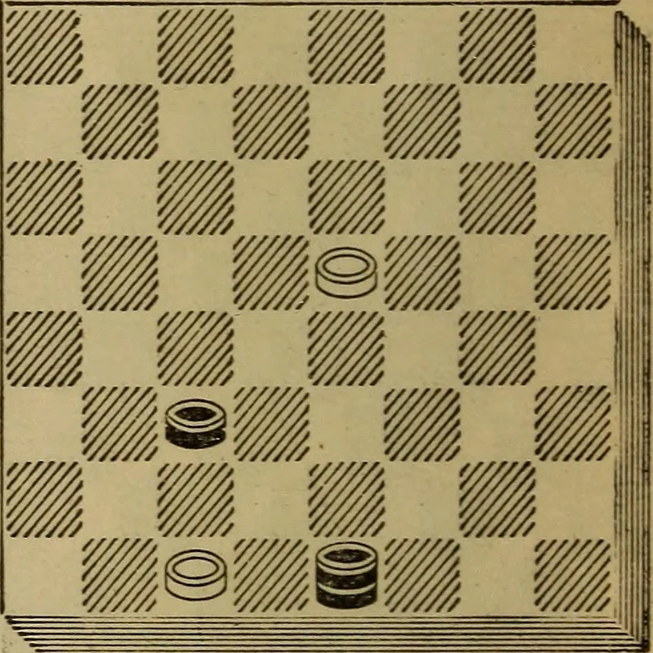 An illustration from Draughts : Gould's problems, critical positions and games by all the greatest players and composers of the world, the whole interspersed with notes on the positions / by Joseph Gould, 1895, leaf 19