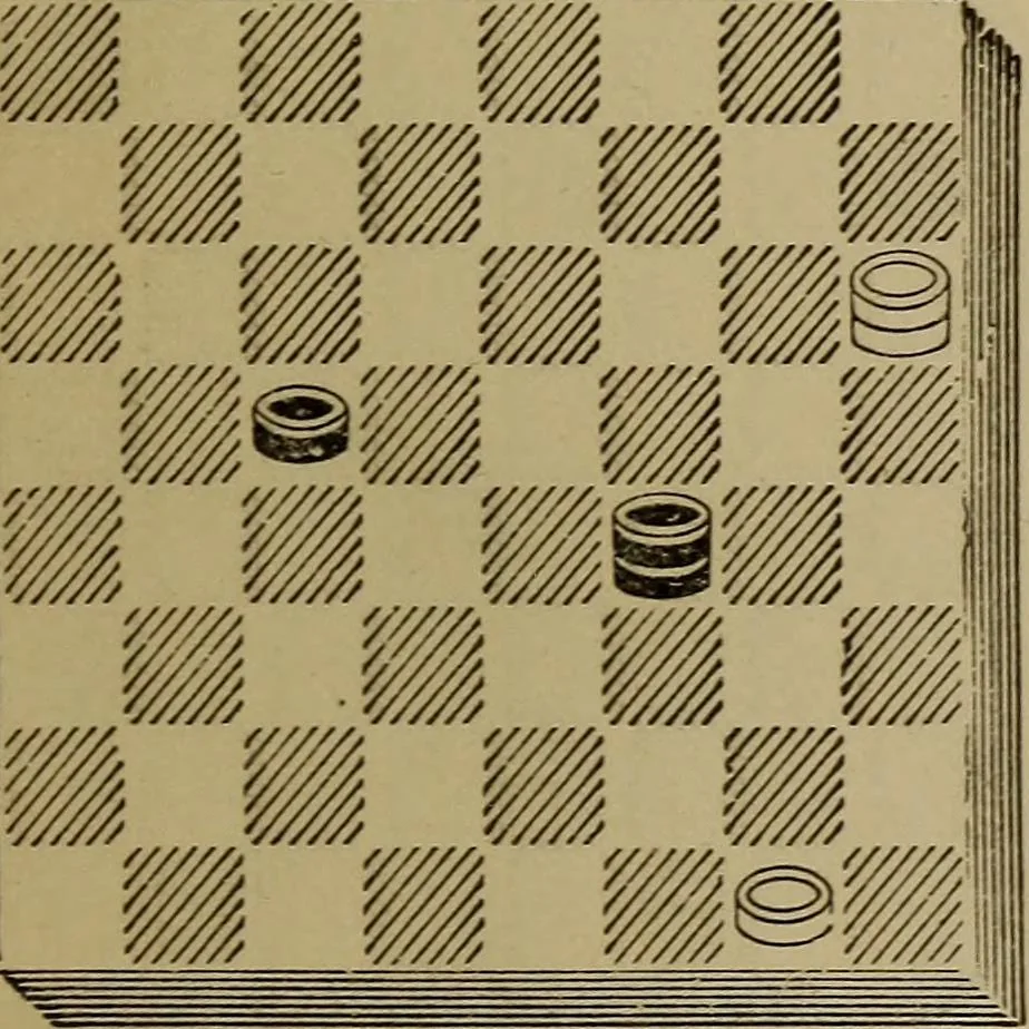 An illustration from Draughts : Gould's problems, critical positions and games by all the greatest players and composers of the world, the whole interspersed with notes on the positions / by Joseph Gould, 1895, leaf 20