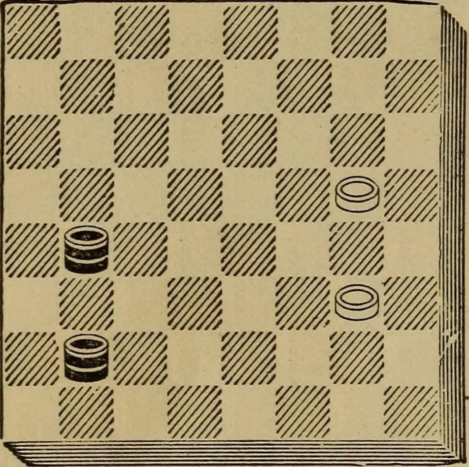 An illustration from Draughts : Gould's problems, critical positions and games by all the greatest players and composers of the world, the whole interspersed with notes on the positions / by Joseph Gould, 1895, leaf 21