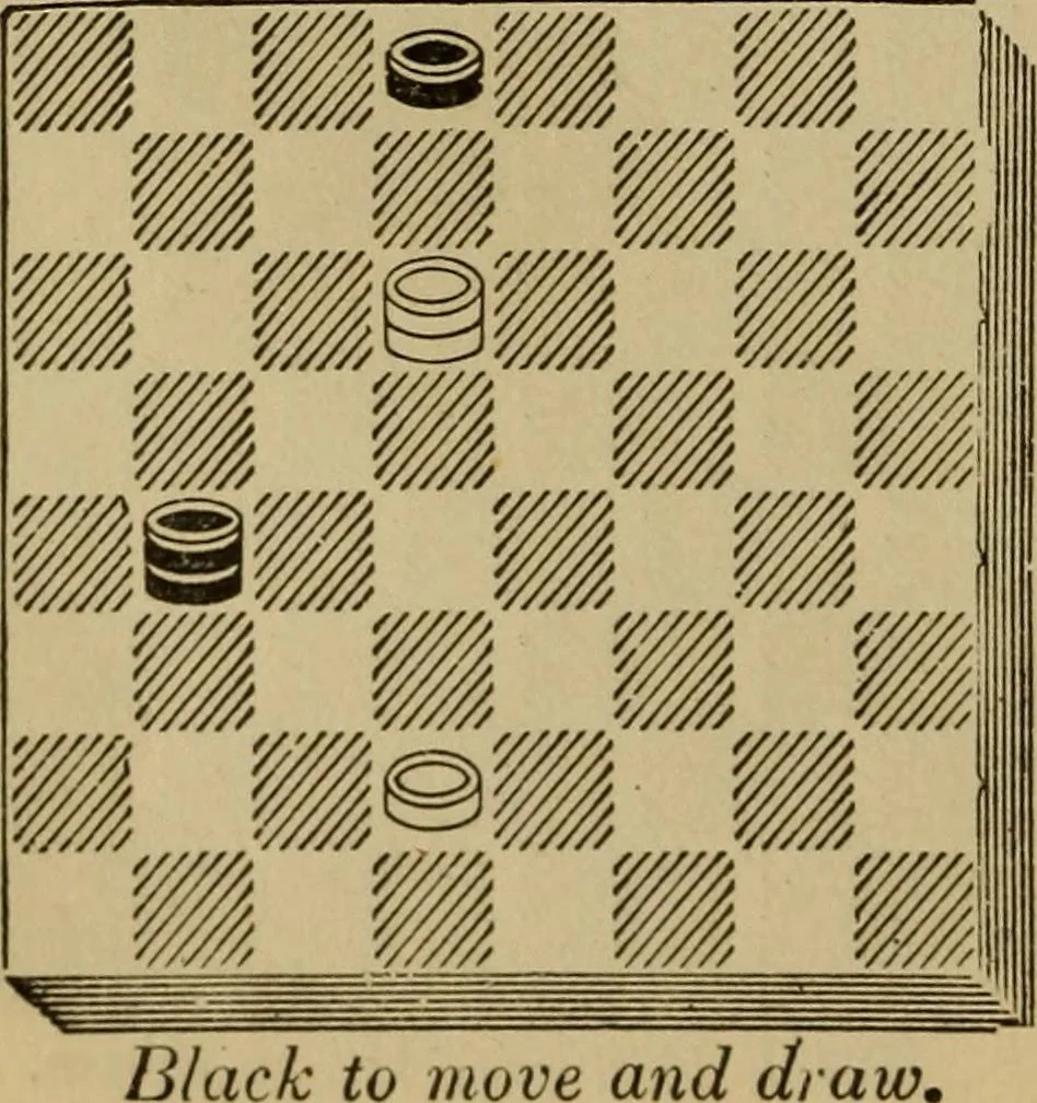 An illustration from Draughts : Gould's problems, critical positions and games by all the greatest players and composers of the world, the whole interspersed with notes on the positions / by Joseph Gould, 1895, leaf 21