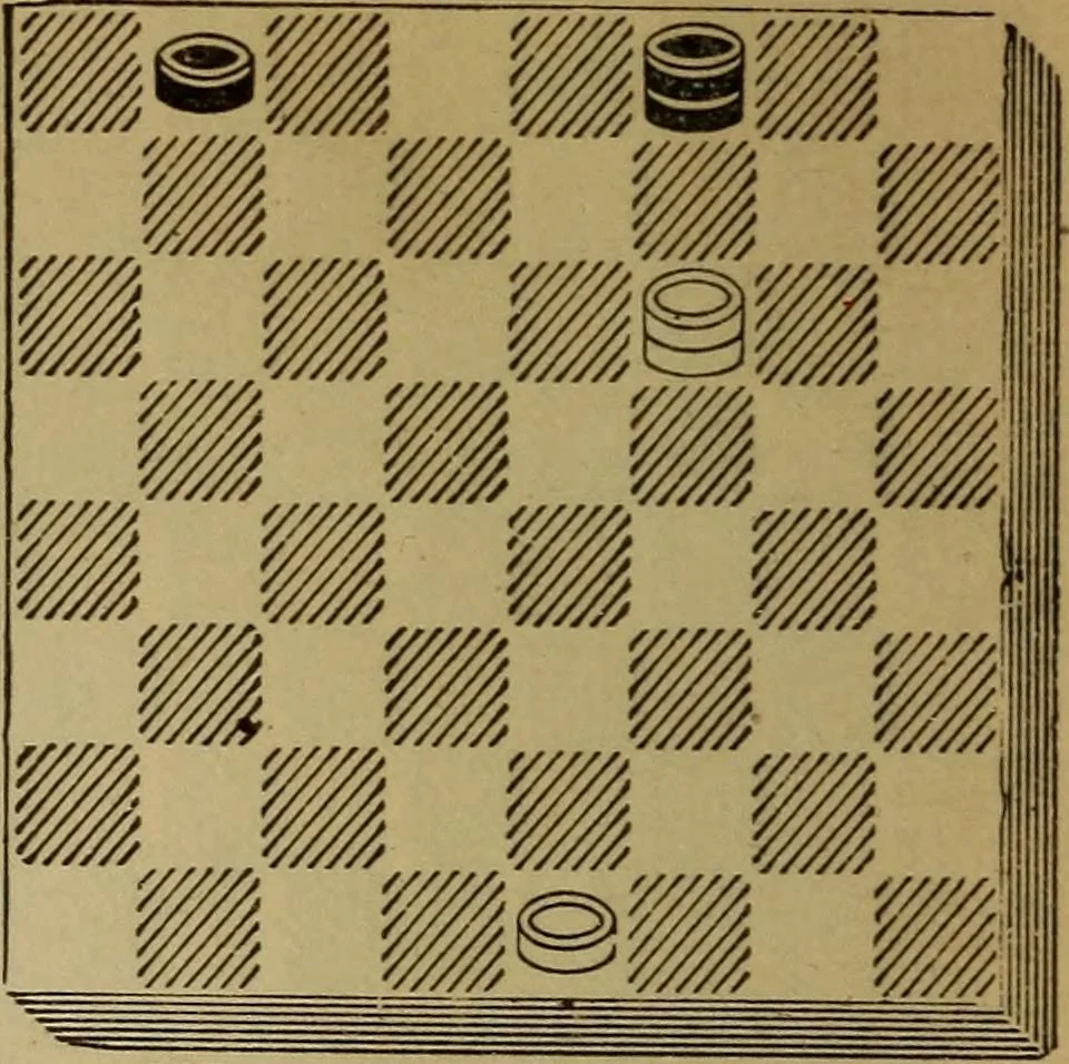 An illustration from Draughts : Gould's problems, critical positions and games by all the greatest players and composers of the world, the whole interspersed with notes on the positions / by Joseph Gould, 1895, leaf 21