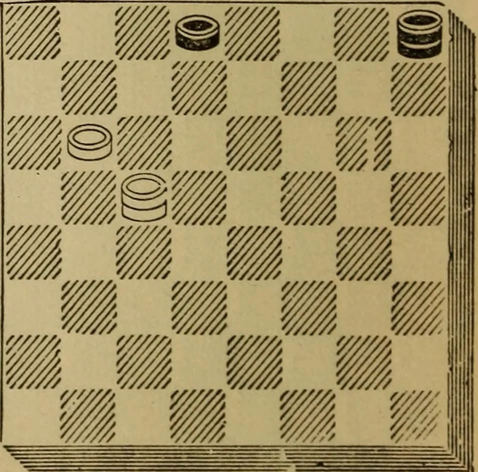 An illustration from Draughts : Gould's problems, critical positions and games by all the greatest players and composers of the world, the whole interspersed with notes on the positions / by Joseph Gould, 1895, leaf 21