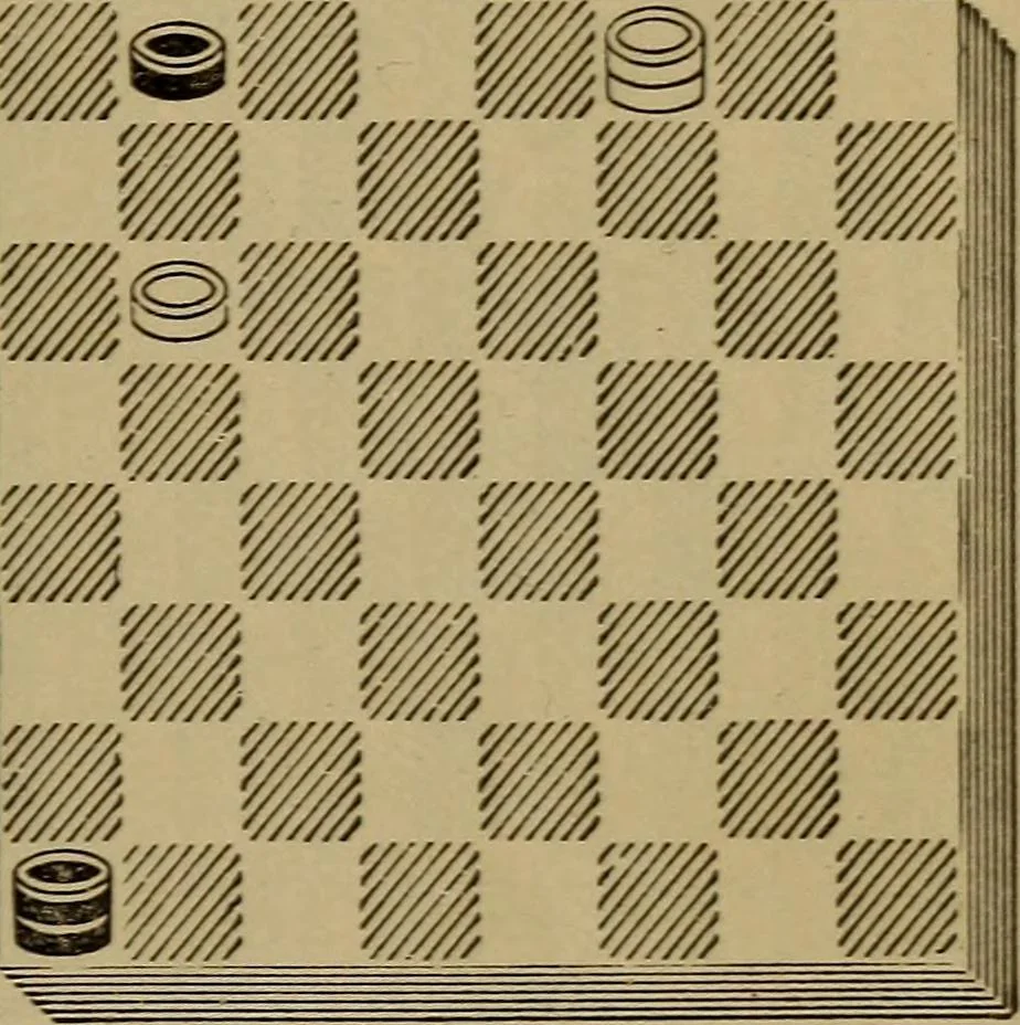 An illustration from Draughts : Gould's problems, critical positions and games by all the greatest players and composers of the world, the whole interspersed with notes on the positions / by Joseph Gould, 1895, leaf 22