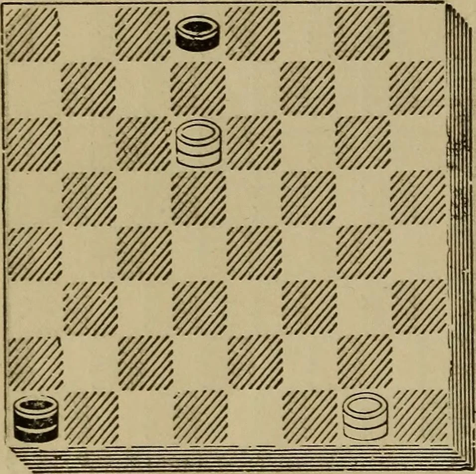 An illustration from Draughts : Gould's problems, critical positions and games by all the greatest players and composers of the world, the whole interspersed with notes on the positions / by Joseph Gould, 1895, leaf 23