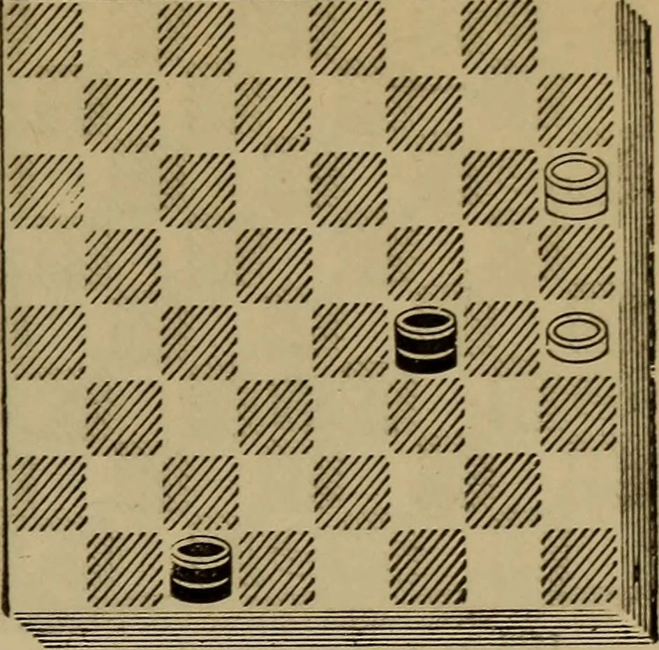 An illustration from Draughts : Gould's problems, critical positions and games by all the greatest players and composers of the world, the whole interspersed with notes on the positions / by Joseph Gould, 1895, leaf 24